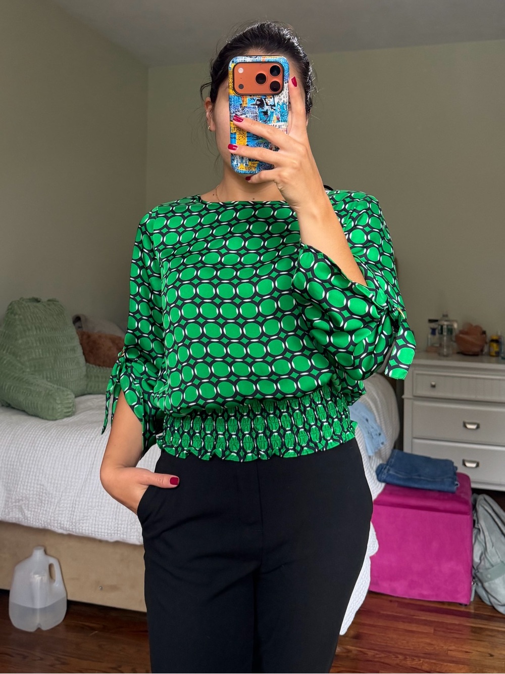 Michael Kors Green Geo-Print Shirred-Hem Blouse